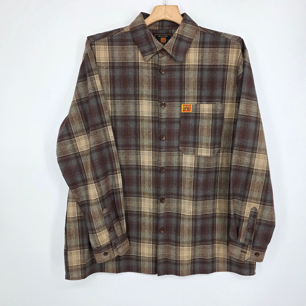 FB County Checker Shirt Mens Large Brown Tan Plaid Long Sleeve Button Up Shirt